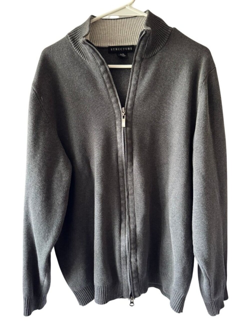 Structure Full-Zip Gray Cotton Sweater Ribbed Collar - XL (44-46)